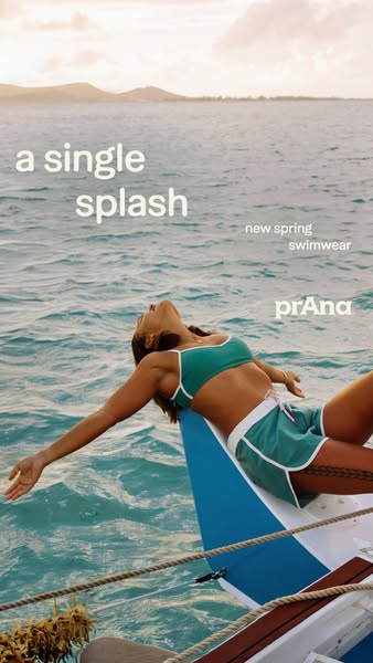 This ad for PrAna's new spring swimwear features a woman relaxing on a boat in their teal and white swim set, with t