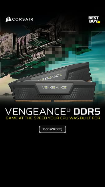 This ad promotes Corsair Vengeance DDR5 computer memory. It highlights the product's speed, which is designed to mat