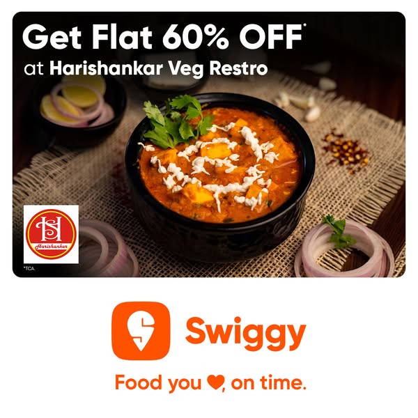 This image ad for Harishankar Veg Restro advertises a 60% discount when ordering through Swiggy.