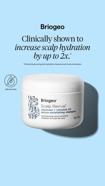 This ad promotes Briogeo's Scalp Revival charcoal and coconut oil micro-exfoliating shampoo and highlights the clini