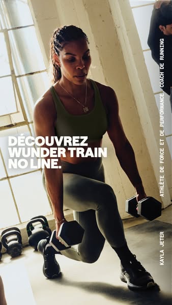 This ad is for the Wunder Train line by Lululemon. The ad features a woman using dumbbells in a gym setting and promotes