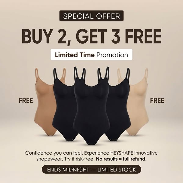This image ad promotes HEYSHAPE shapewear and presents a special offer: buy two and get three free. It features the shap