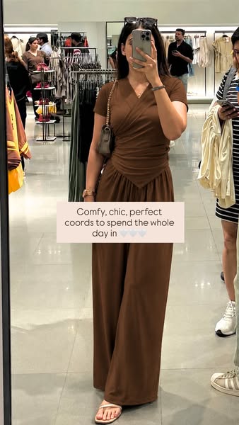 The image ad showcases a person in a brown co-ord set, intended to emphasize the comfort and chicness of the outfit.