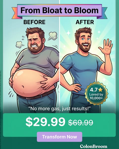 This ad uses a before/after comparison to highlight the benefits of ColonBroom, focusing on relieving bloating and gas. 