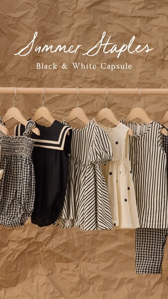 This ad showcases a black and white capsule wardrobe for children's clothing, suggesting a curated collection of ess