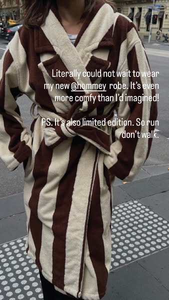 This ad features a person in a brown-and-white striped Hommey robe. The ad copy suggests that it is a limited edition an