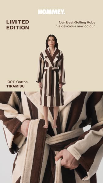 This image ad features a model standing above a close up of a Hommey robe. The Hommey robe is the best-selling robe from