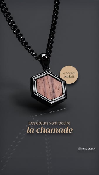 This ad showcases a wooden pendant necklace from the brand HOLZKERN. The ad highlights the necklace's unique design 