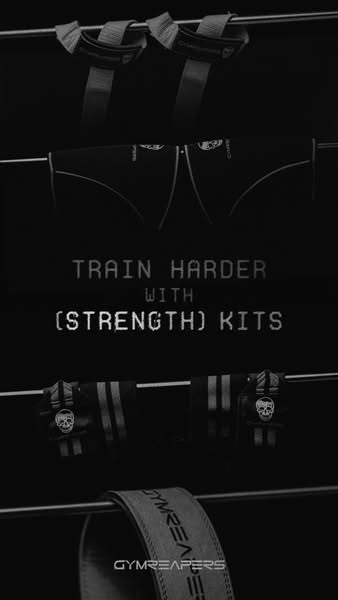 This ad showcases Gymreapers strength training equipment, including lifting straps, wrist wraps, a weightlifting belt, a