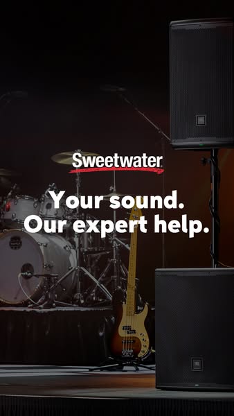 This image ad showcases a dark stage scene, featuring a drum kit and bass guitar in the background, with Sweetwater'