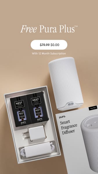 This ad promotes Pura's smart fragrance diffuser and a limited-time offer for a free Pura Plus device with a 12-mont
