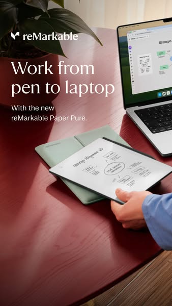 The ad demonstrates the reMarkable Paper Pure and its ability to move work from pen to laptop.
