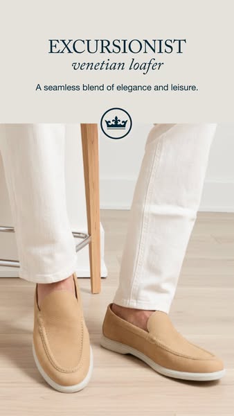 This ad features a stylish venetian loafer, highlighting its seamless blend of elegance and leisure, designed for the mo
