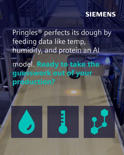 The image is for Siemens promoting their AI-driven quality control for Pringles dough on a manufacturing line. The text 