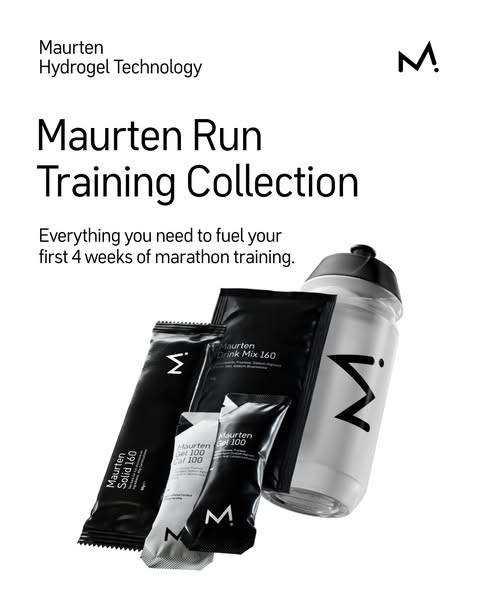 This ad features the Maurten Run Training Collection, highlighting that it provides everything needed to fuel the first 