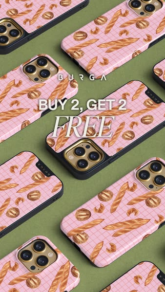 A product-focused ad for BURGA phone cases featuring the brand's distinct designs and promoting a special 'Buy 2