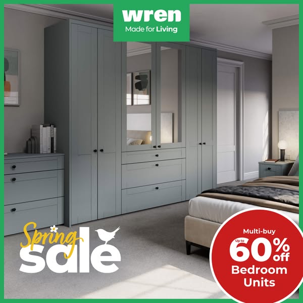 This ad showcases Wren's bedroom units during a spring sale, highlighting a multi-buy discount of up to 60% off.