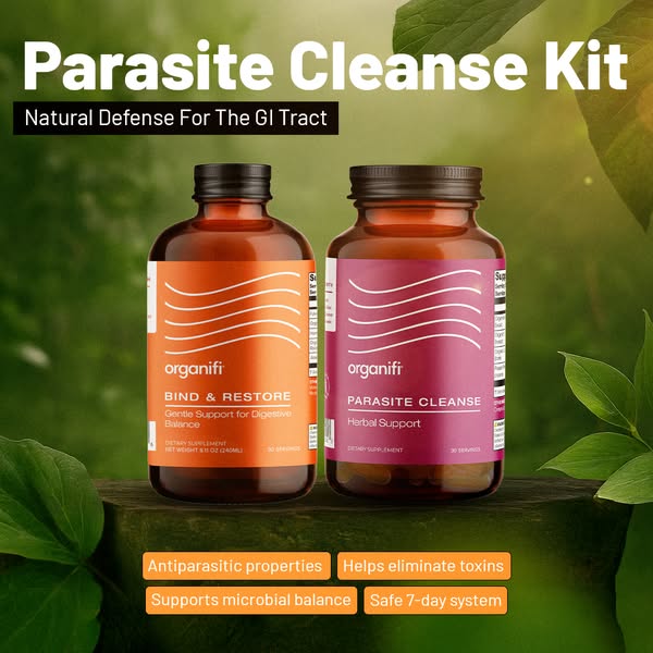 This ad promotes Organifi's Parasite Cleanse Kit, highlighting its natural ingredients and benefits for gut health. 