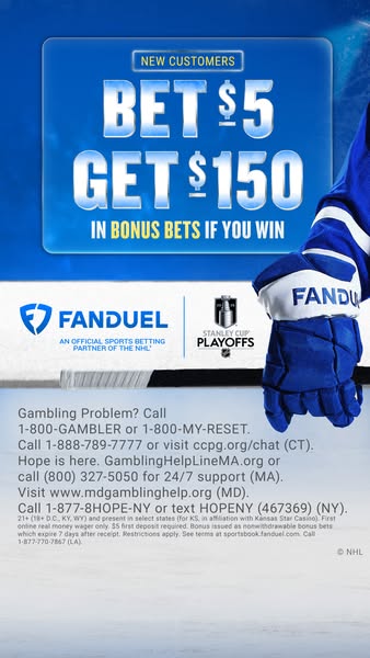 This image ad by FanDuel promotes a new customer offer of "Bet $5 Get $150 in Bonus Bets if You Win." The ad f