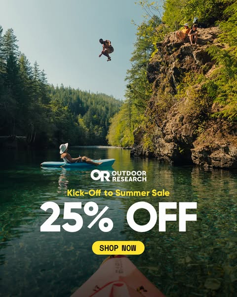 This image ad for Outdoor Research shows an active outdoor scene with people swimming and cliff diving, combined with sa