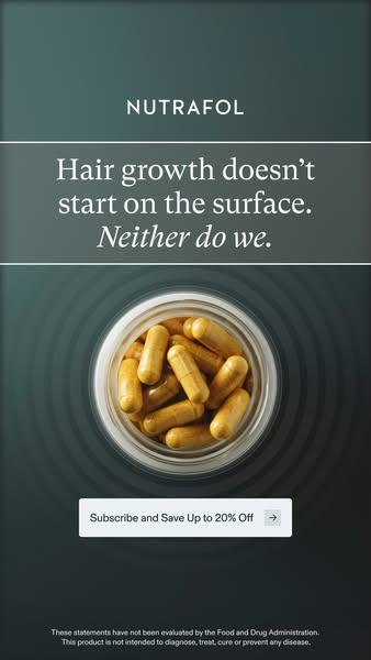 This image ad for Nutrafol uses a close up of the capsules and an abstract background to convey a sense of scientific ad
