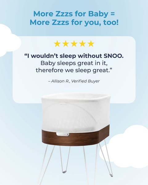 The ad uses a customer testimonial to showcase how the SNOO bassinet helps babies sleep, which in turn helps parents sle