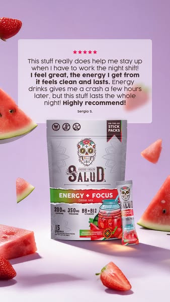 This ad features a customer testimonial for Salud Energy + Focus drink mix. The testimonial praises the product for prov