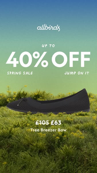 This image ad promotes Allbirds shoes, highlighting a spring sale with up to 40% off. It features the Tree Breezer Bow s