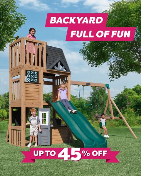 This image ad promotes backyard playsets by showcasing children enjoying a wooden structure with slides and swings, whil
