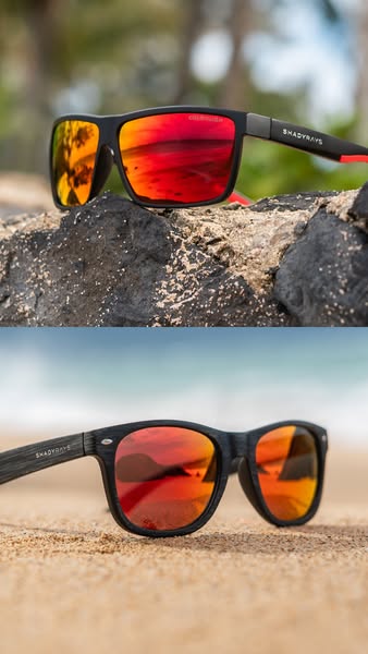 The ad features two pairs of Shady Rays sunglasses in different settings. The first pair is set on a rocky surface, whil