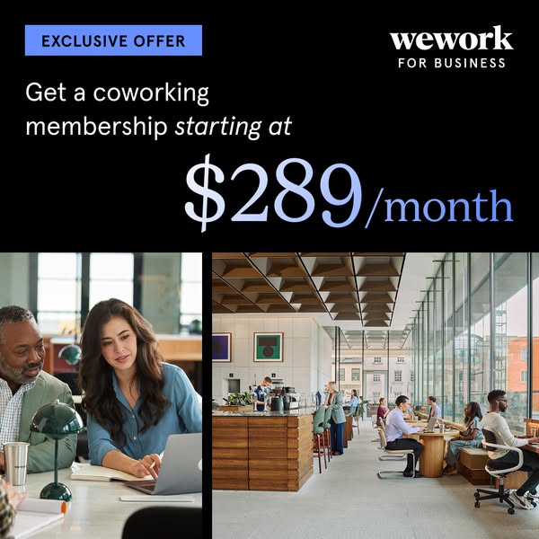 This image ad for WeWork promotes a coworking membership starting at $289 per month. The ad uses a split-screen format, 