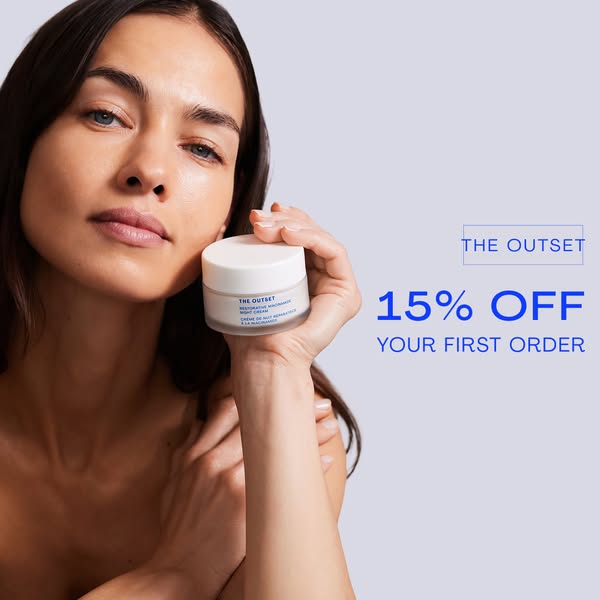 Image ad showing a jar of The Outset night cream, along with an offer of 15% off the first order.