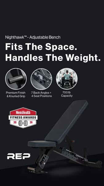 This image ad showcases the Nighthawk Adjustable Bench. The bench is highlighted through key features like adjustability