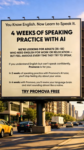 This ad promotes Promova, a language learning platform. The ad is targeting English speakers who have difficulty speakin