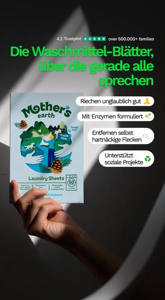 This ad showcases Mother's Earth laundry sheets, highlighting their pleasant scent, enzyme-based formula, stain remo