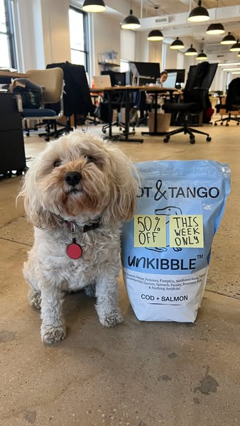 This ad features a dog sitting next to a bag of Hot & Tango Unkibble dog food, promoting a limited-time offer of 50%