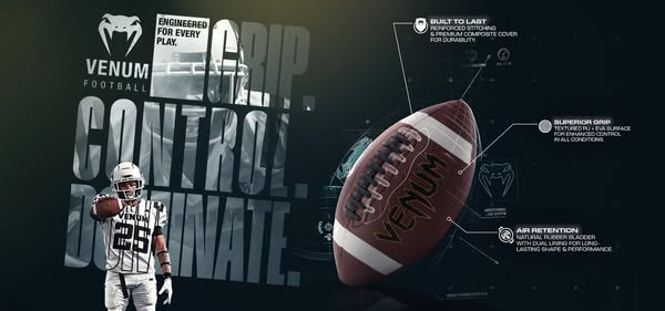 This ad showcases the Venum football, highlighting its superior grip, reinforced stitching, and air retention for long-l