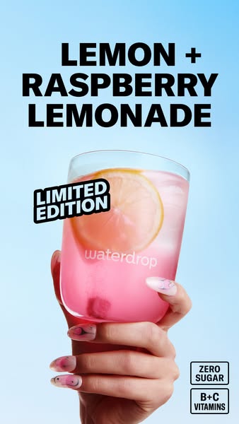 This ad is for Waterdrop's Lemon + Raspberry Lemonade flavor. It is an image ad showing a hand holding up the pink d