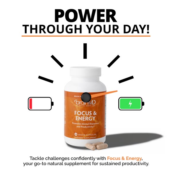 An image ad for BrainMD Focus & Energy supplements featuring a bottle of the supplements with a dial graphic that mo