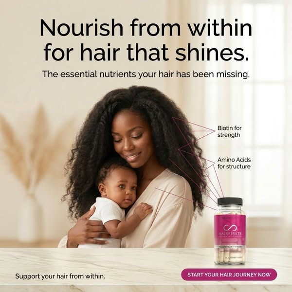 This image ad promotes Hairfinity hair vitamins. The ad features a woman holding a baby, alongside the vitamins, highlig