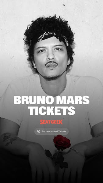 This is an ad for Bruno Mars tickets sold on SeatGeek. The ad features an image of Bruno Mars holding a rose.
