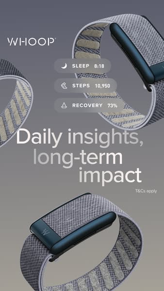 This image ad for WHOOP focuses on the daily insights and long-term impact of the WHOOP wearable.