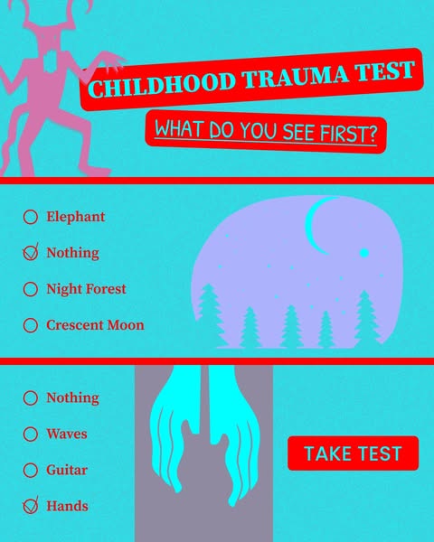 The ad is a quiz that asks the viewer what they see first in the image. The options are Elephant, Nothing, Night Forest,