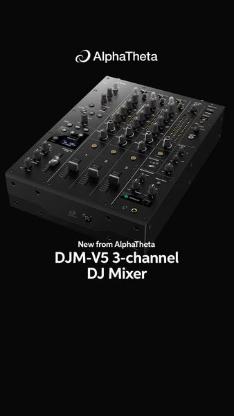 This image ad showcases the AlphaTheta DJM-V5 3-channel DJ Mixer against a black background. The product is prominently 