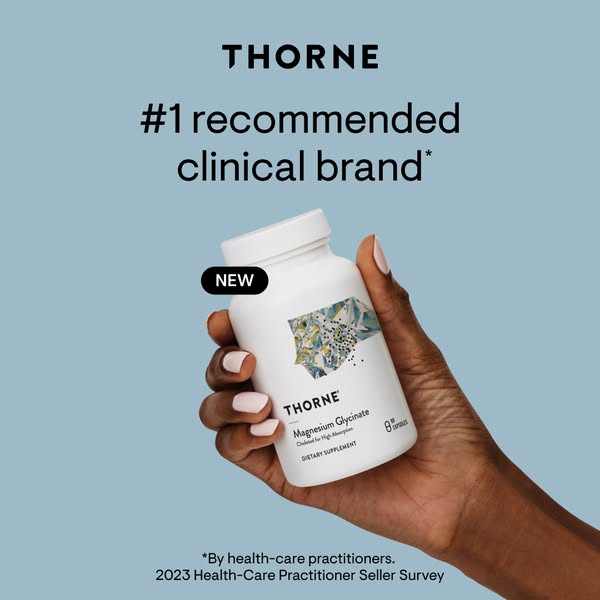 This ad for Thorne promotes their Magnesium Glycinate supplement as the #1 recommended clinical brand by healthcare prac