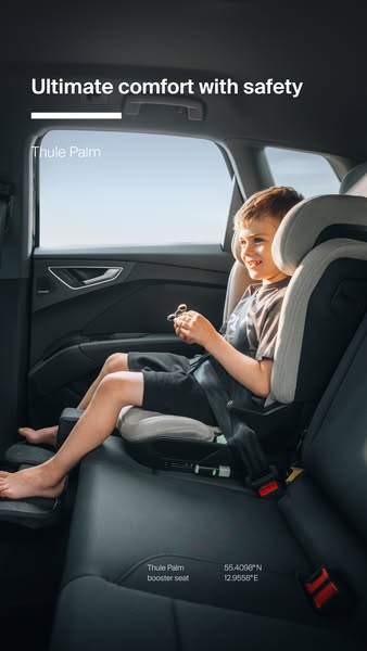 This ad features a young boy sitting comfortably and safely in a Thule Palm booster seat in the back of a car. The ad em