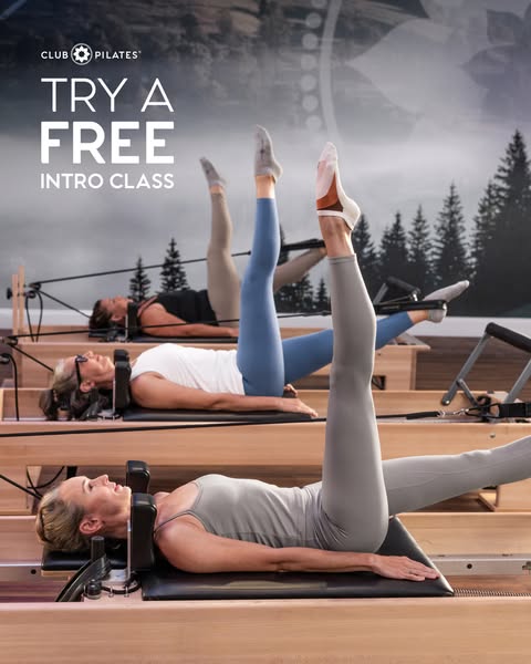 This ad for Club Pilates features three women performing Pilates exercises on reformer machines. The ad promotes a free 