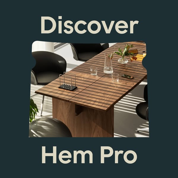 This image ad for Hem Pro presents a long conference table in a modern office setting. The overall aesthetic is clean an