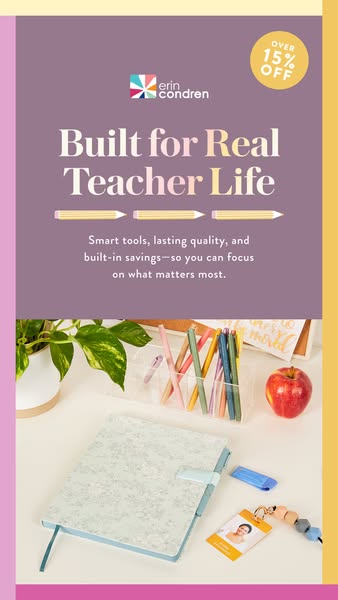 This ad features an Erin Condren organizational notebook, a desk scene with office supplies, and an offer of 15% off, al