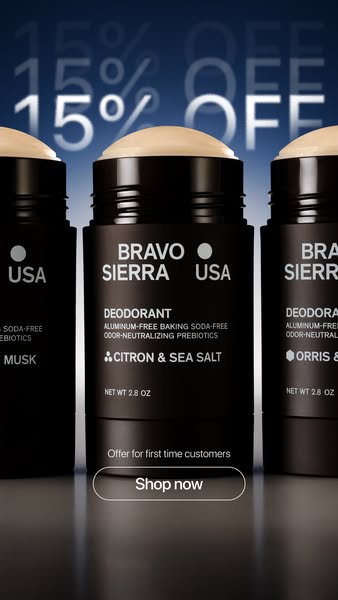This ad features Bravo Sierra deodorant, highlighting its aluminum-free and odor-neutralizing properties while promoting
